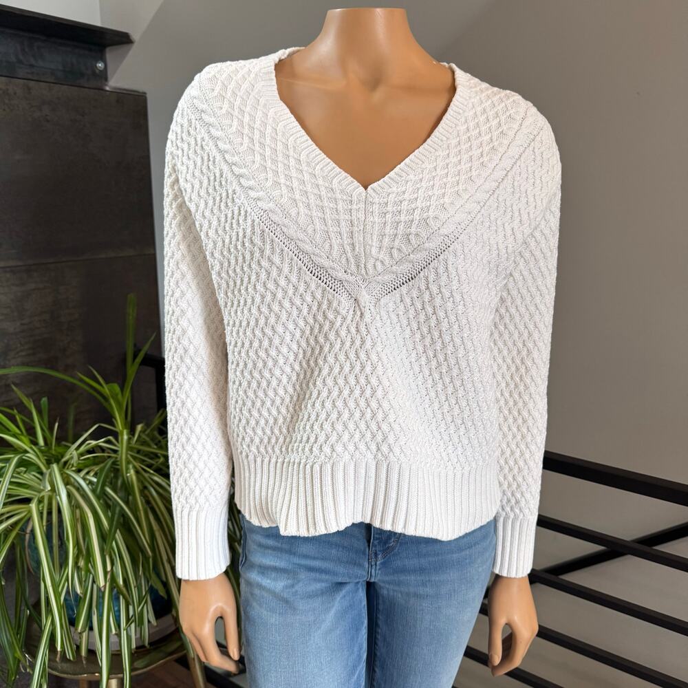Ann Taylor Ivory Mixed Cable Stitch Textured V-Neck Cadet Sweater Size Small S